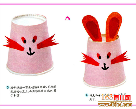 幼儿纸杯手工制作:红耳朵兔子-儿童手工制作网