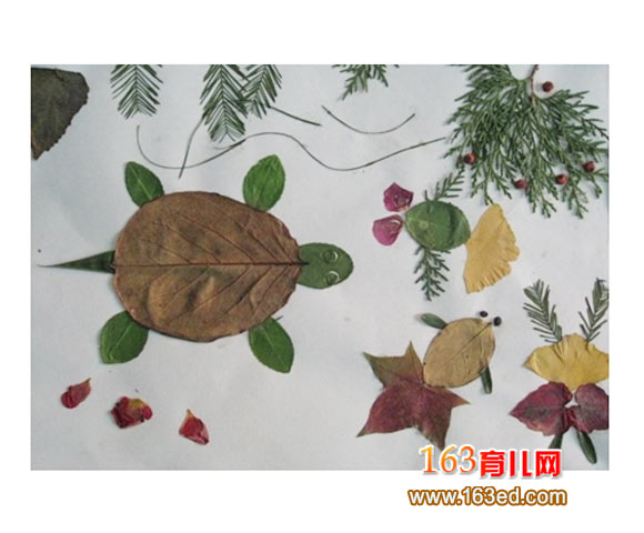 树叶粘贴画作品:乌龟和小金鱼-树叶贴画