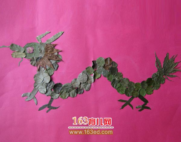 儿童树叶粘贴画作品图片:威武的中国龙