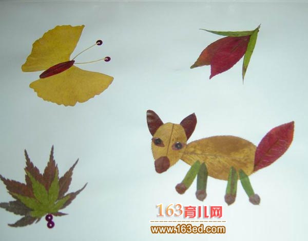 一只散步的小狗_儿童树叶粘贴画作品-树叶贴画